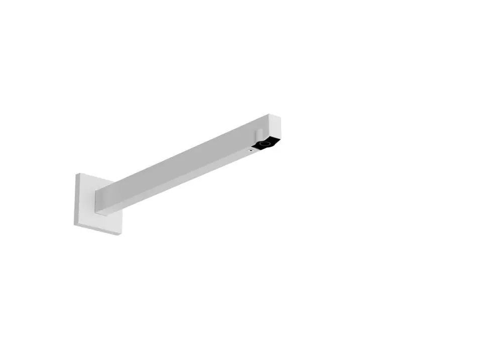 Hansgrohe Brausearm in mattem Weiß, langgestreckt und an einer Wand montiert. Schlichte Form mit einem Anschluss am Ende.